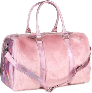 Risup Extra Large Laser Handbag Purse Fancy Duffel Bag 19in Faux Fur Bags for Travel and Overnight, Pink