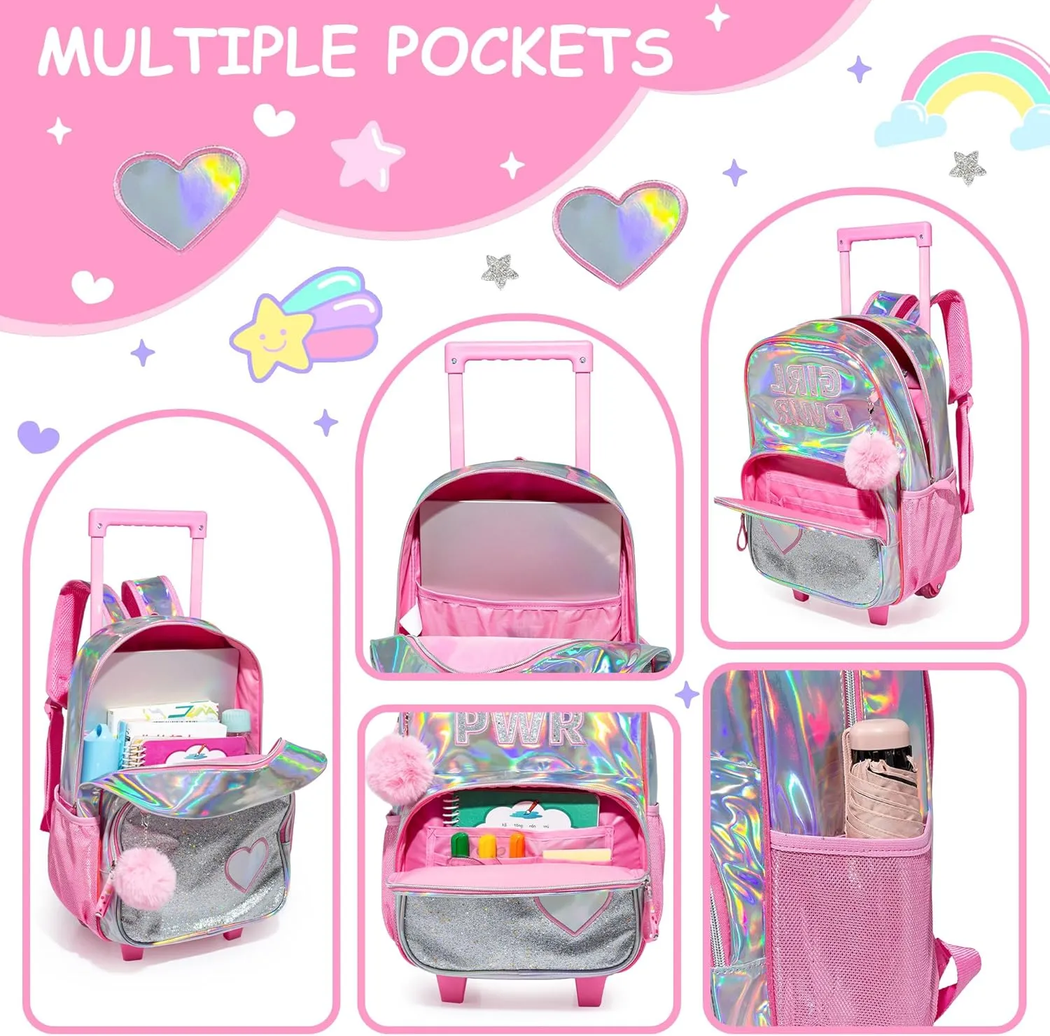 Rolling Backpack for Girls Kids Backpack with Wheels for Elementary Kindergarten Girls Wheeled Backpack Carry on Luggage Rolling Backpack with Lunch Bag