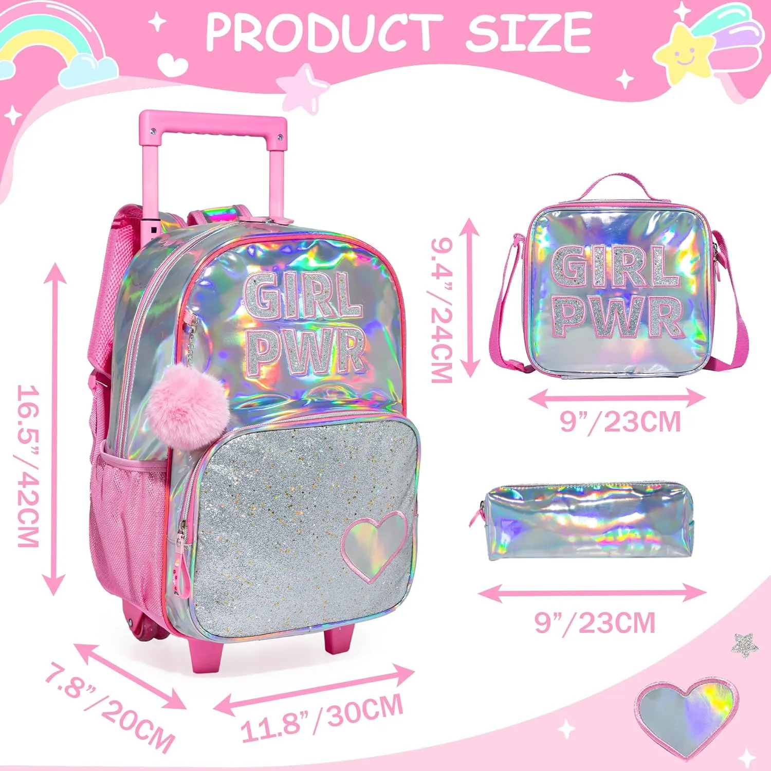 Rolling Backpack for Girls Kids Backpack with Wheels for Elementary Kindergarten Girls Wheeled Backpack Carry on Luggage Rolling Backpack with Lunch Bag