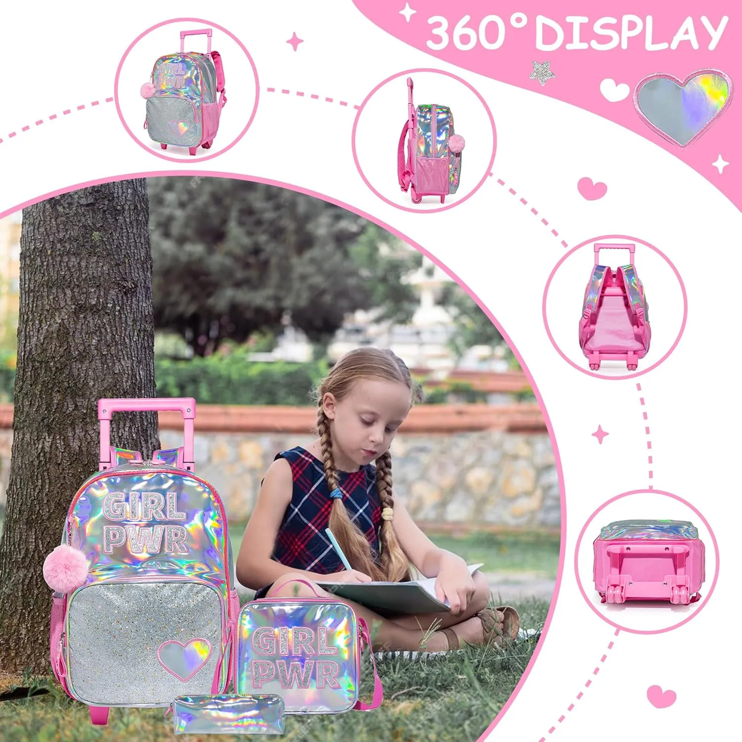 Rolling Backpack for Girls Kids Backpack with Wheels for Elementary Kindergarten Girls Wheeled Backpack Carry on Luggage Rolling Backpack with Lunch Bag