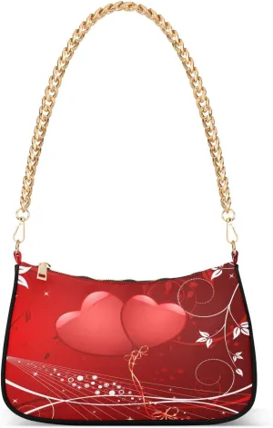 Romantic Background Red Hearts Shoulder Handbags for Women Travel Hobo Tote Handbag Women Gold Chain Shoulder Bags Purse with Zipper Closure