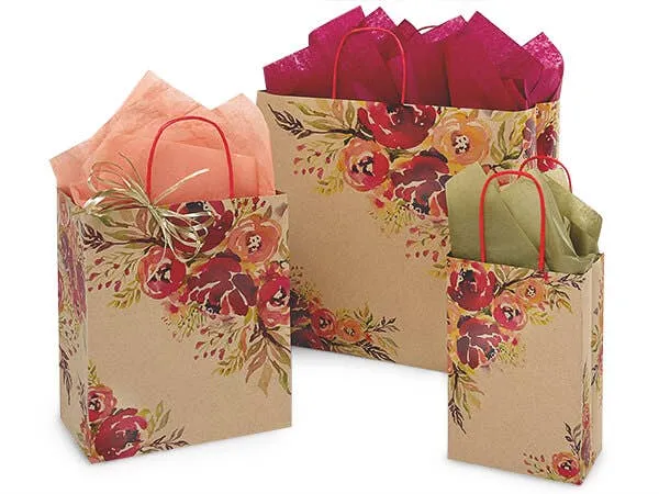 Romantic Blooms Kraft Paper Gift Bags: 25 Pack / Rose 5.25x3.50x8.25"
