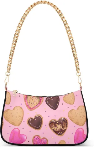 Romantic Heart Dessert Donut Shoulder Handbags for Women Travel Hobo Tote Handbag Women Gold Chain Shoulder Bags Purse with Zipper Closure