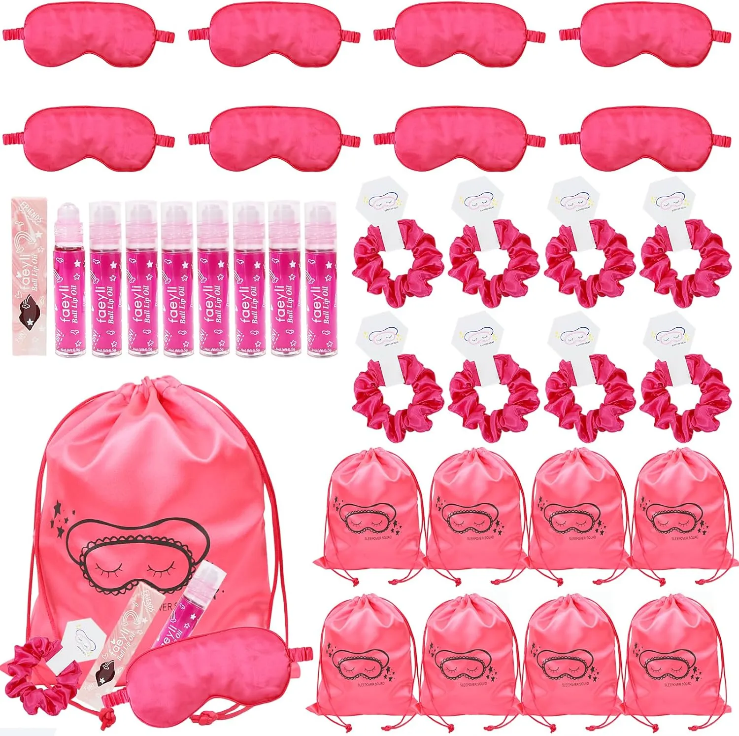 Rose Red Sleepover Party Supplies for Women 32 Pcs Slumber Party Supplies with Satin Eye Mask Satin Hair Scrunchies Lip Gloss Gift Bag for Sleepover Slumber Party