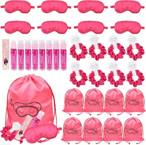 Rose Red Sleepover Party Supplies for Women 32 Pcs Slumber Party Supplies with Satin Eye Mask Satin Hair Scrunchies Lip Gloss Gift Bag for Sleepover Slumber Party