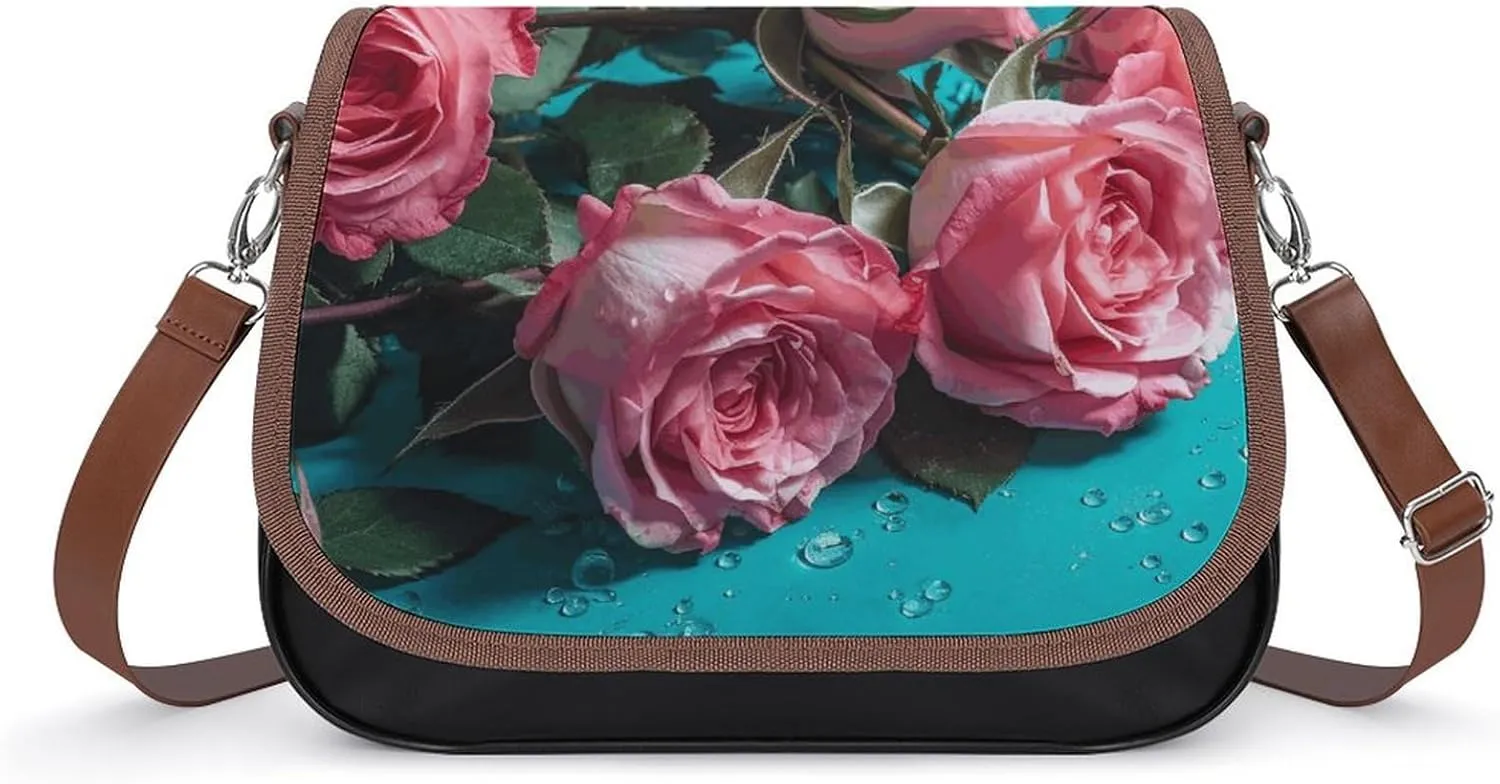 Roses on Table Shoulder Bags PU Leather Shoulder Handbag Large Capacity Crossbody Bag for Women