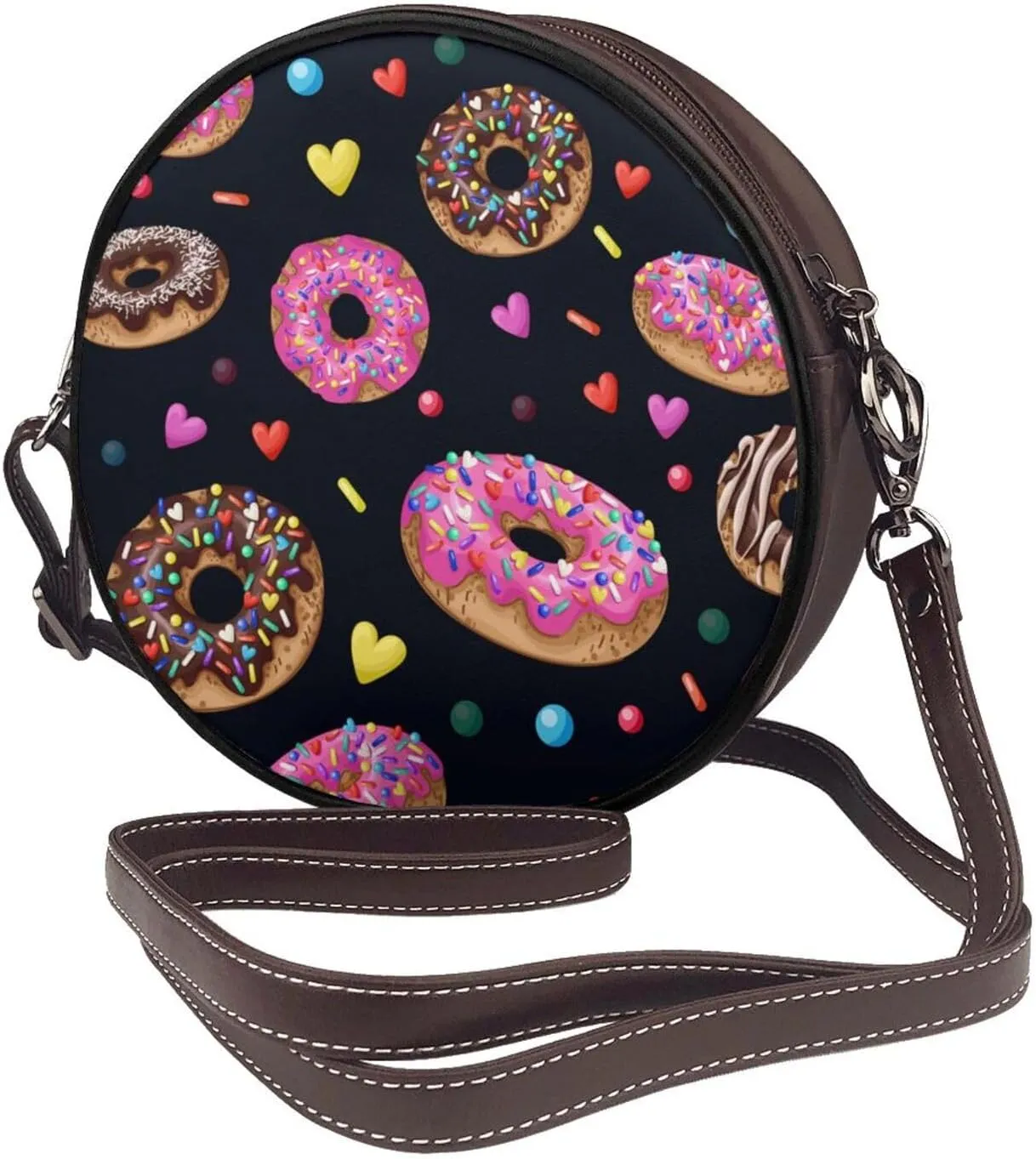 Round Crossbody Bags for Women, Faux Leather Circle Purse Zipper Small Shoulder Bag with Adjustable Straps