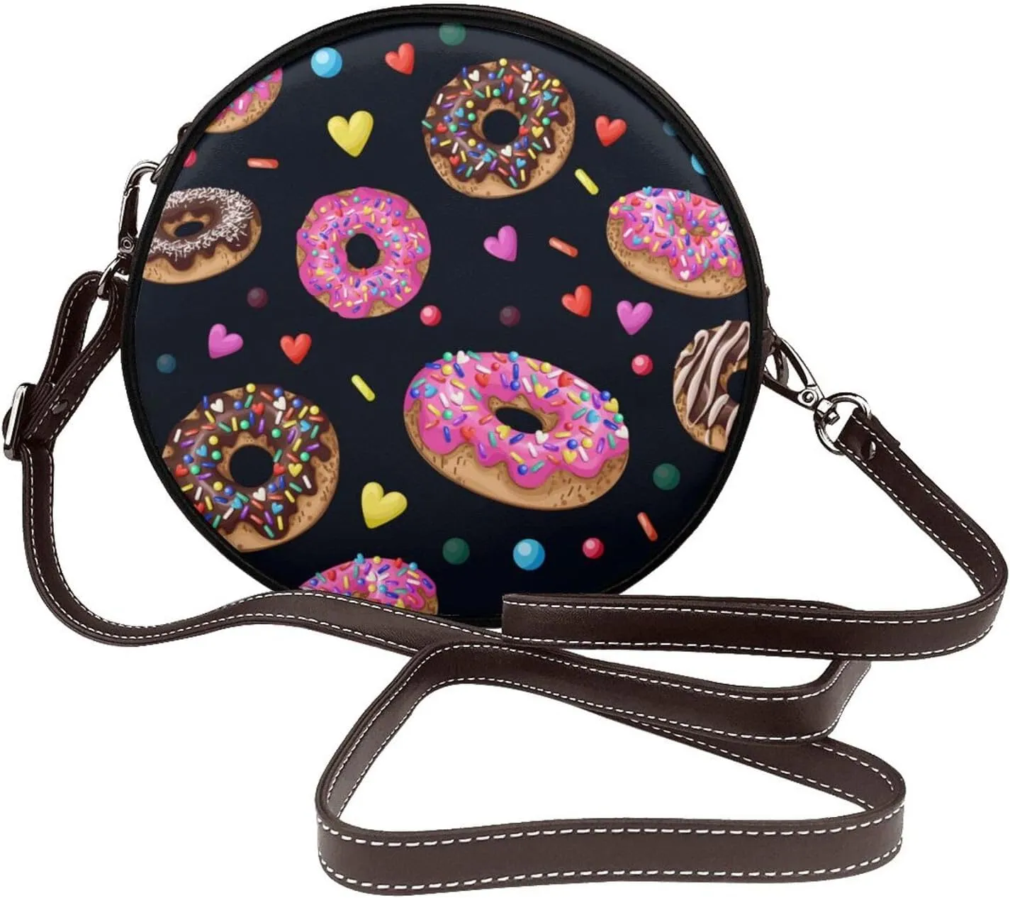 Round Crossbody Bags for Women, Faux Leather Circle Purse Zipper Small Shoulder Bag with Adjustable Straps