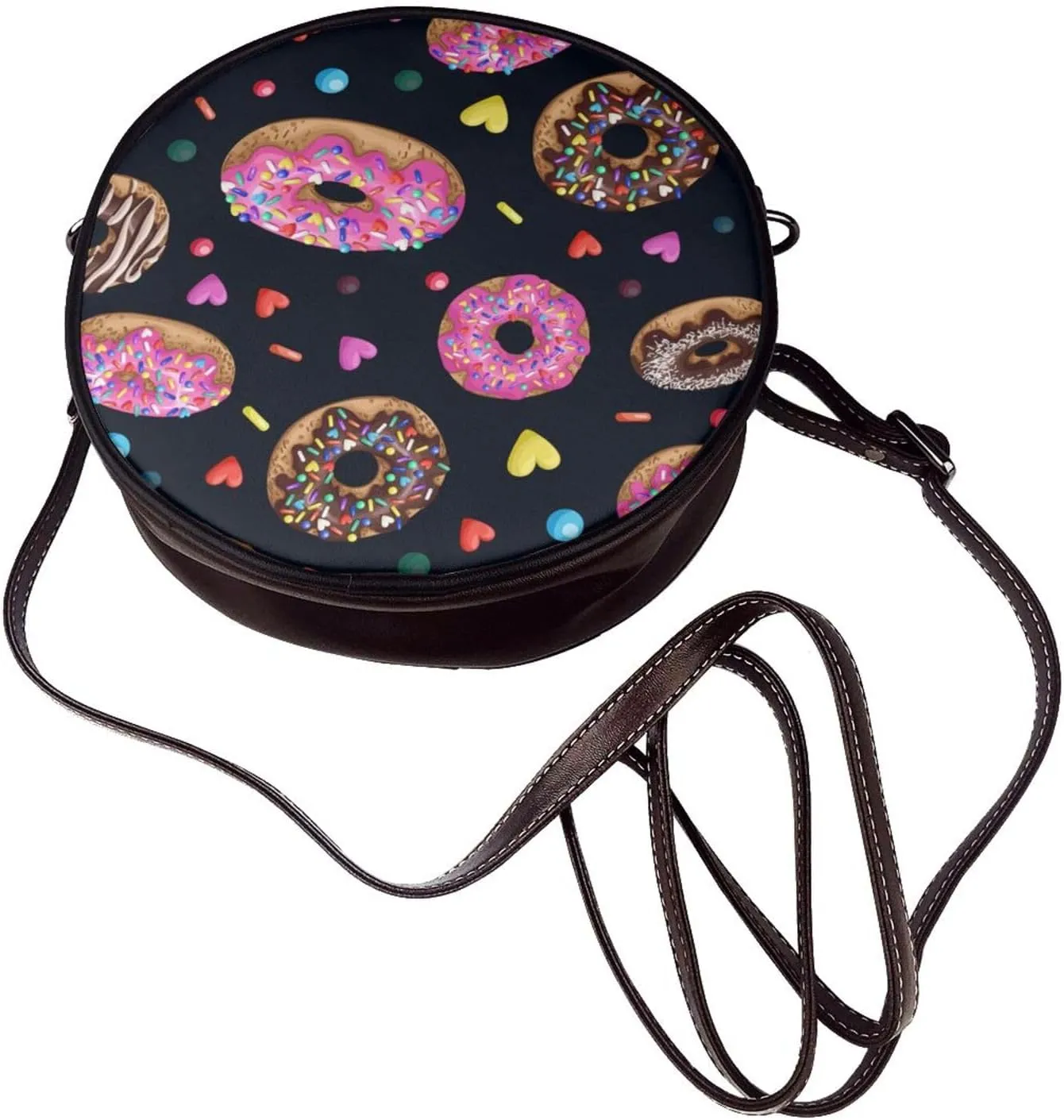 Round Crossbody Bags for Women, Faux Leather Circle Purse Zipper Small Shoulder Bag with Adjustable Straps