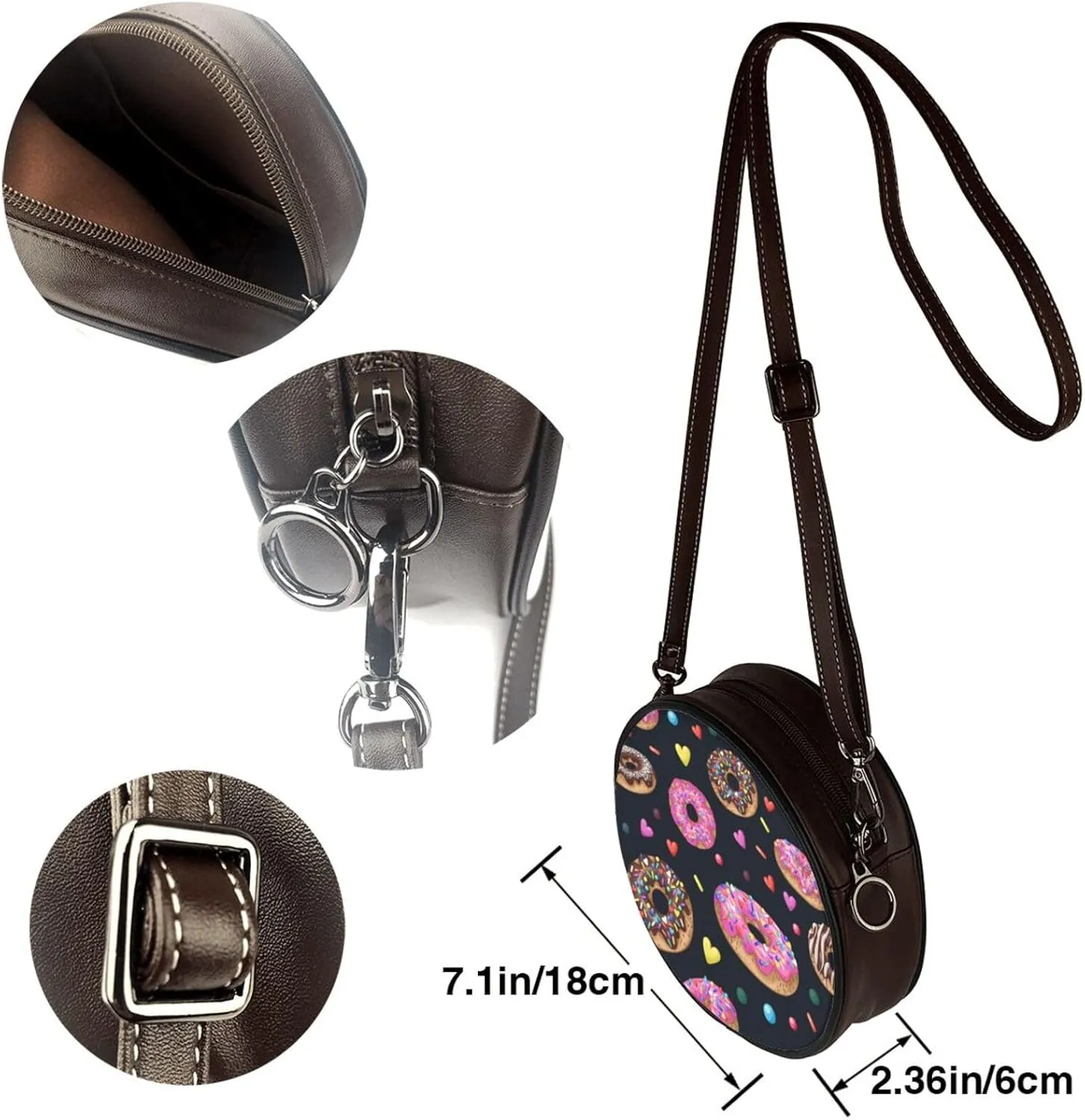 Round Crossbody Bags for Women, Faux Leather Circle Purse Zipper Small Shoulder Bag with Adjustable Straps