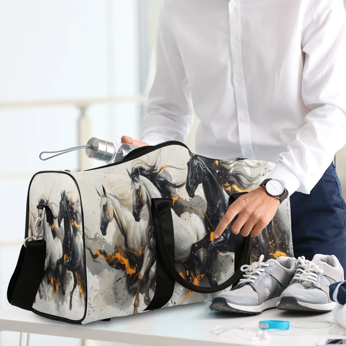 Running Horse Travel Duffle Bag for Women Men Gym Duffel Foldable Bag Waterproof Weekender Rustic Watercolor Duffle Tote