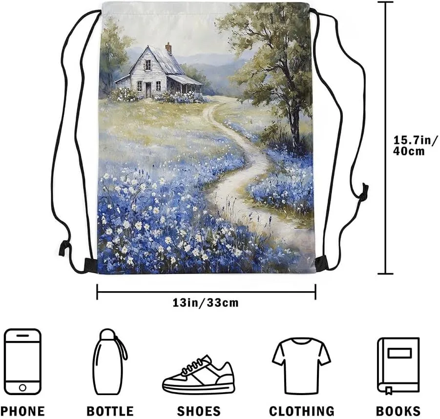 Rustic Drawstring Backpack 13x15.7 Farmhouse Drawstring Bags Wildflower Barn Dreamy Nature Scenery Draw String Back Bag French Countryside Field Painting String Backpack