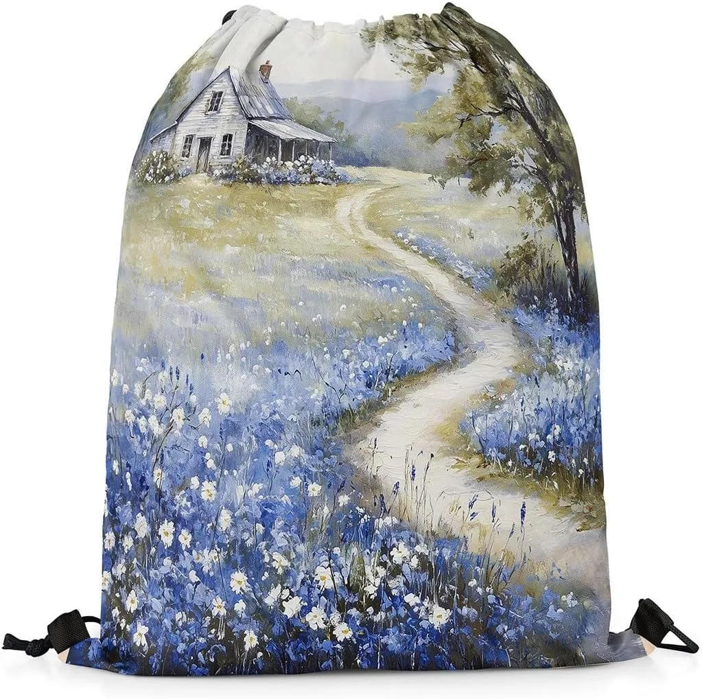 Rustic Drawstring Backpack 13x15.7 Farmhouse Drawstring Bags Wildflower Barn Dreamy Nature Scenery Draw String Back Bag French Countryside Field Painting String Backpack