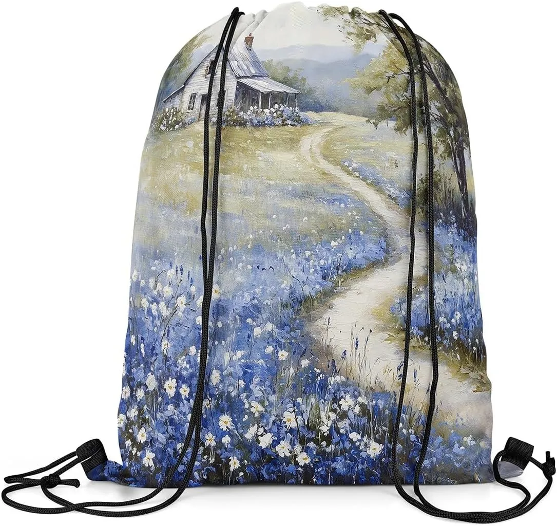 Rustic Drawstring Backpack 13x15.7 Farmhouse Drawstring Bags Wildflower Barn Dreamy Nature Scenery Draw String Back Bag French Countryside Field Painting String Backpack