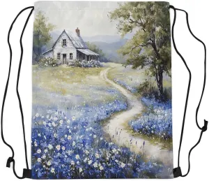 Rustic Drawstring Backpack 13x15.7 Farmhouse Drawstring Bags Wildflower Barn Dreamy Nature Scenery Draw String Back Bag French Countryside Field Painting String Backpack