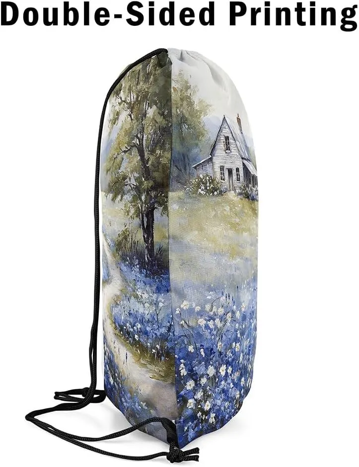 Rustic Drawstring Backpack 13x15.7 Farmhouse Drawstring Bags Wildflower Barn Dreamy Nature Scenery Draw String Back Bag French Countryside Field Painting String Backpack