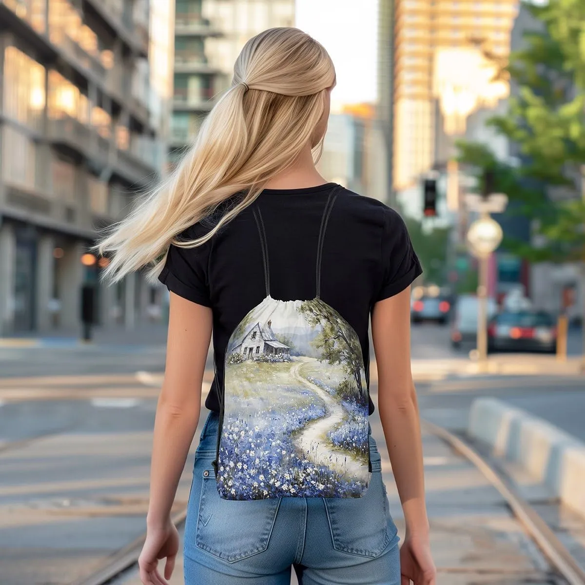 Rustic Drawstring Backpack 13x15.7 Farmhouse Drawstring Bags Wildflower Barn Dreamy Nature Scenery Draw String Back Bag French Countryside Field Painting String Backpack