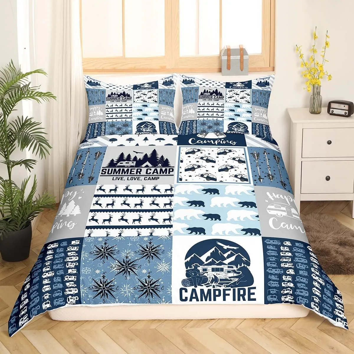 Rustic Modern Farmhouse Bedding Set King Teens Adult Camper Duvet Cover Happy Camping Car Comforter Cover for Kids Boys Girls Polar Bear Deer Animal Quilt Cover with 2 Pillow Cases Room Decor