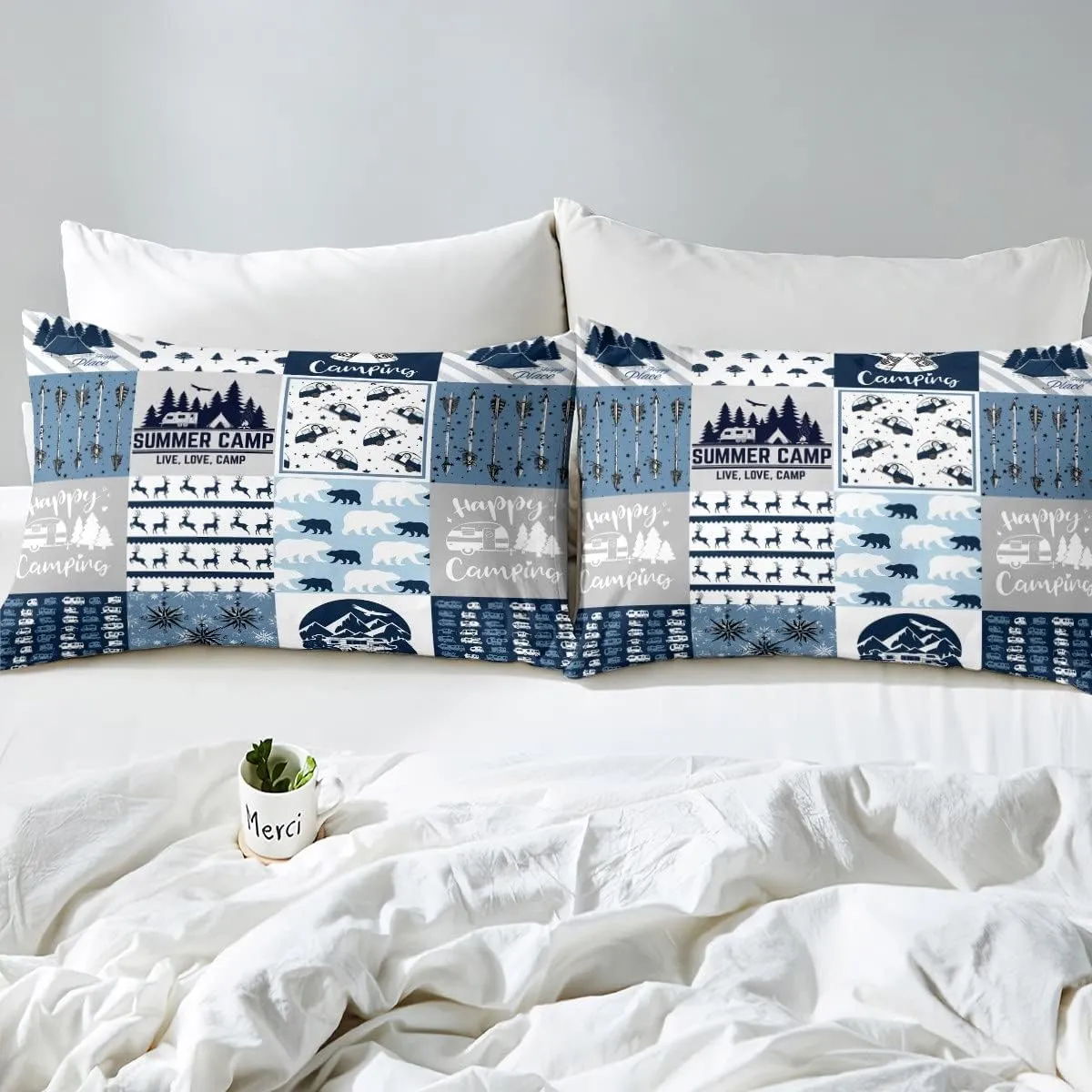 Rustic Modern Farmhouse Bedding Set King Teens Adult Camper Duvet Cover Happy Camping Car Comforter Cover for Kids Boys Girls Polar Bear Deer Animal Quilt Cover with 2 Pillow Cases Room Decor