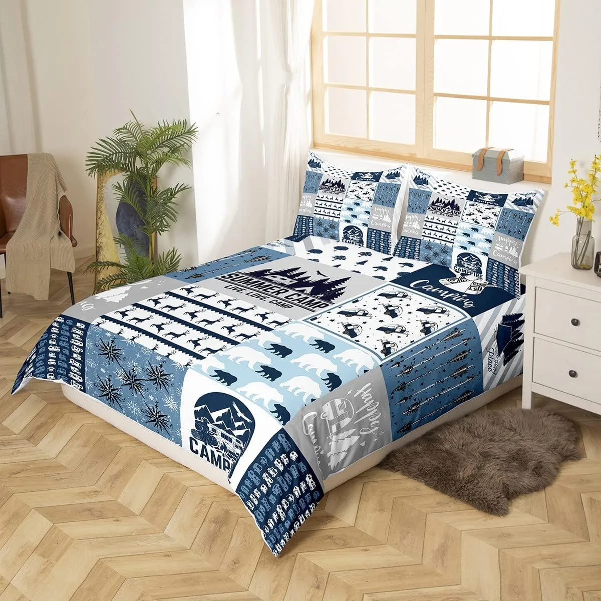 Rustic Modern Farmhouse Bedding Set King Teens Adult Camper Duvet Cover Happy Camping Car Comforter Cover for Kids Boys Girls Polar Bear Deer Animal Quilt Cover with 2 Pillow Cases Room Decor