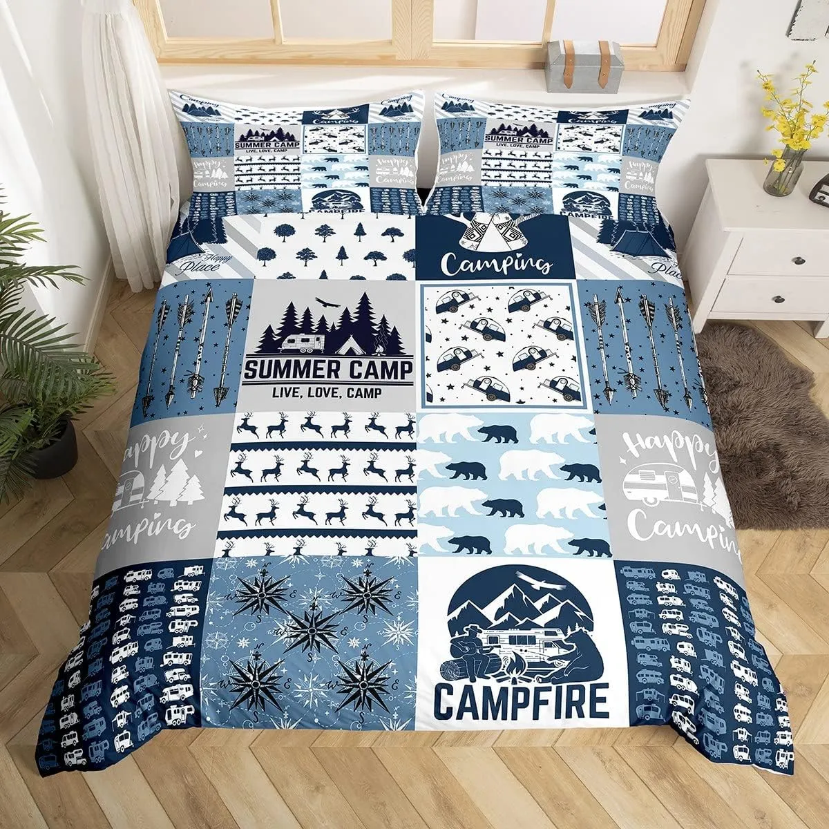 Rustic Modern Farmhouse Bedding Set King Teens Adult Camper Duvet Cover Happy Camping Car Comforter Cover for Kids Boys Girls Polar Bear Deer Animal Quilt Cover with 2 Pillow Cases Room Decor
