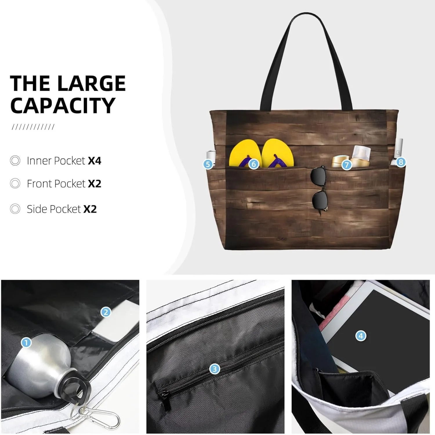 Rustic Old Barn Wood Large Capacity Foldable Tote Bag Women Beach Tote Bag Handbag Gym Bag Travel Shopping Bag