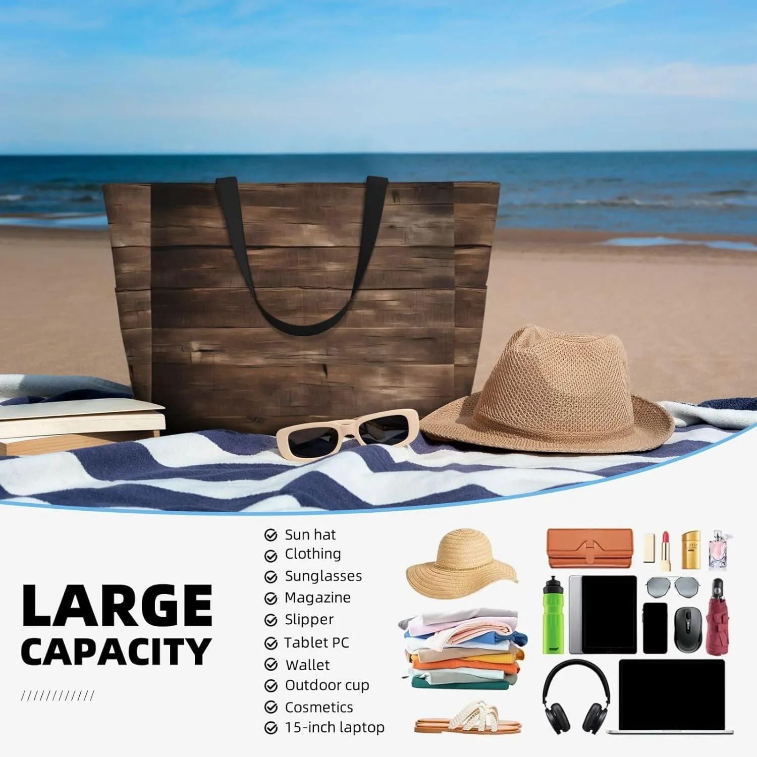 Rustic Old Barn Wood Large Capacity Foldable Tote Bag Women Beach Tote Bag Handbag Gym Bag Travel Shopping Bag