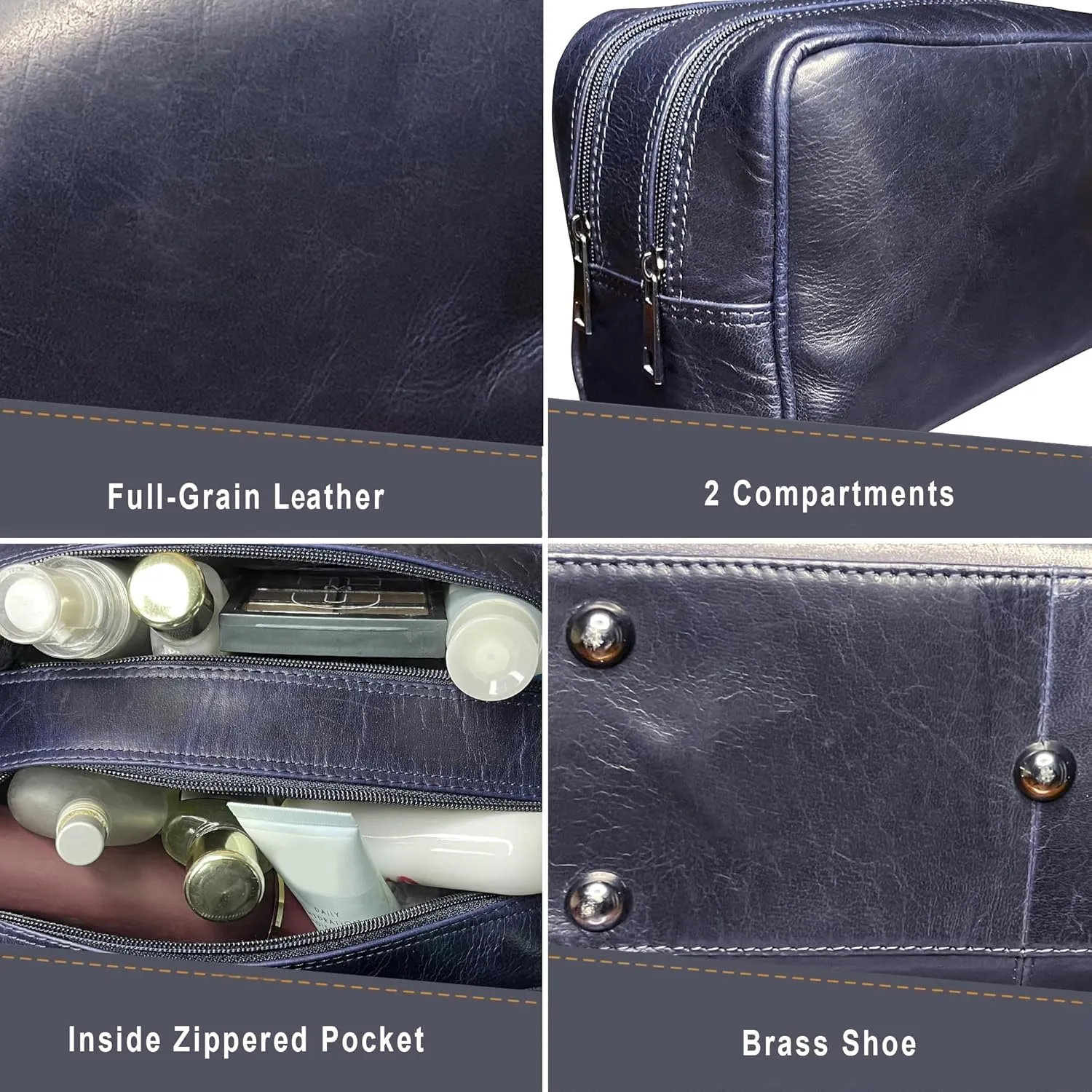 RUSTIC TOWN Leather Toiletry Bag for Men - Travel Shaving Dopp Kit - Bathroom Shower Toiletries Organizer - Leather Cosmetic Bag for Women (Oxford Blue)