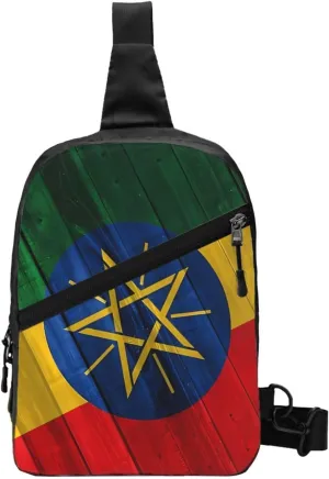 Rustic Wood Ethiopia Flag Portable Crossbody Bag Foldable Sling Bags Sports Gym Chest Daypack Reusable Shoulder Backpack Casual Diagonally Rucksack Fanny Packs