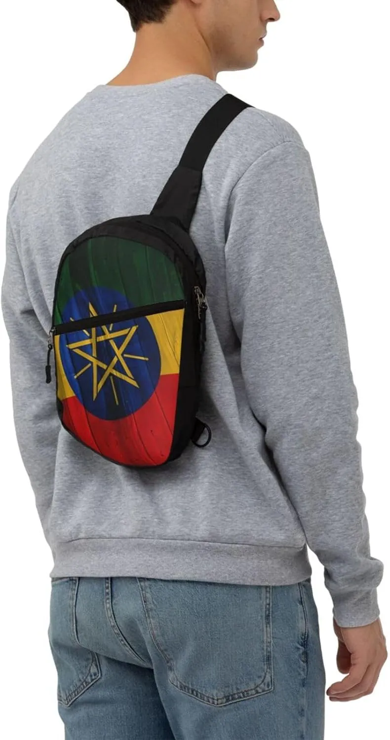 Rustic Wood Ethiopia Flag Portable Crossbody Bag Foldable Sling Bags Sports Gym Chest Daypack Reusable Shoulder Backpack Casual Diagonally Rucksack Fanny Packs