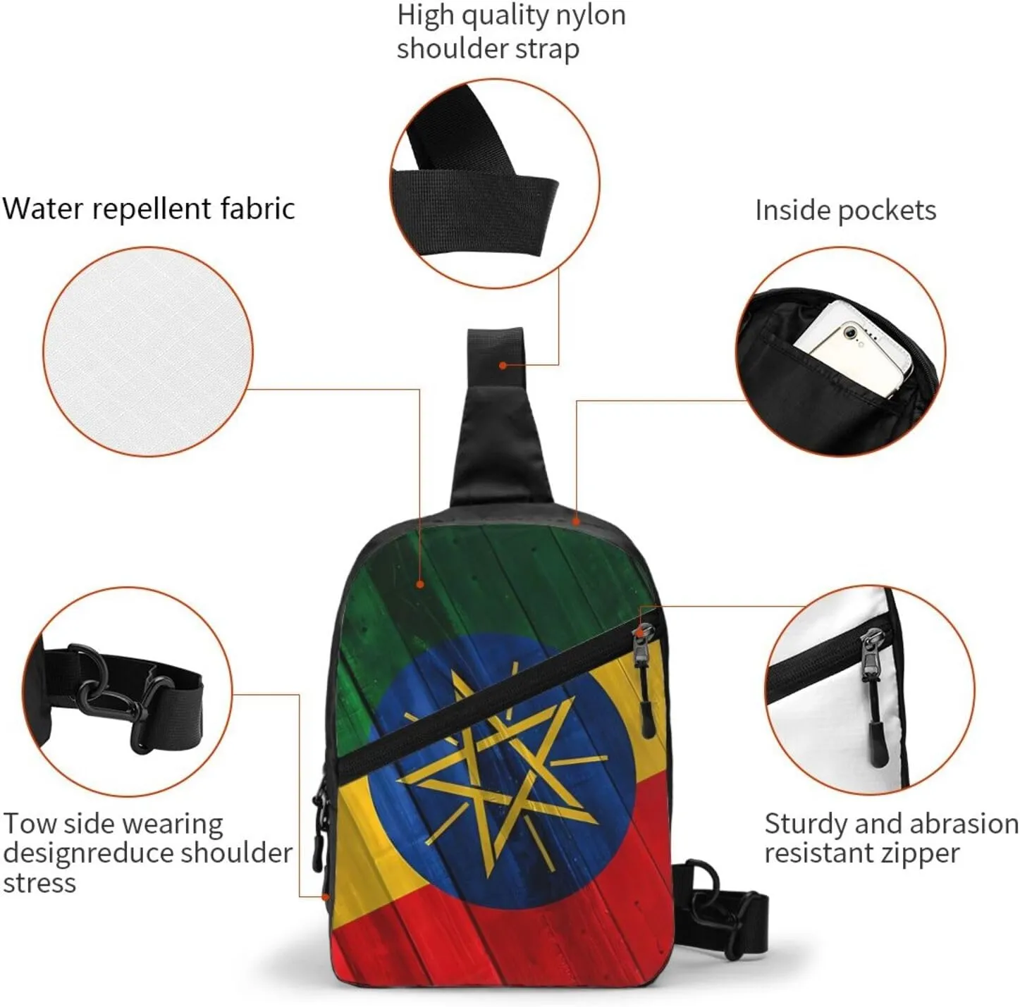 Rustic Wood Ethiopia Flag Portable Crossbody Bag Foldable Sling Bags Sports Gym Chest Daypack Reusable Shoulder Backpack Casual Diagonally Rucksack Fanny Packs