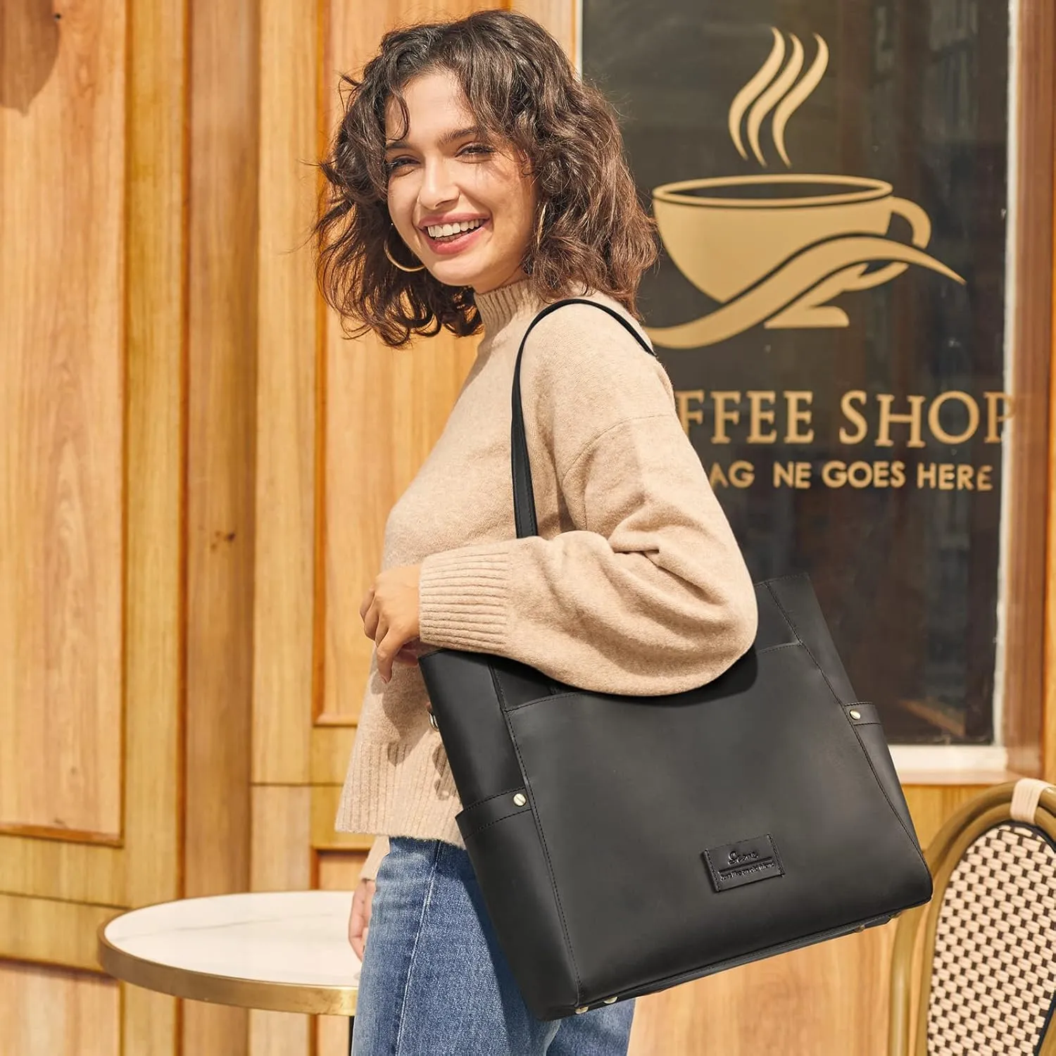 S-ZONE Genuine Leather Tote Bag Large Shoulder Purse Work Vintage Handbag for Women