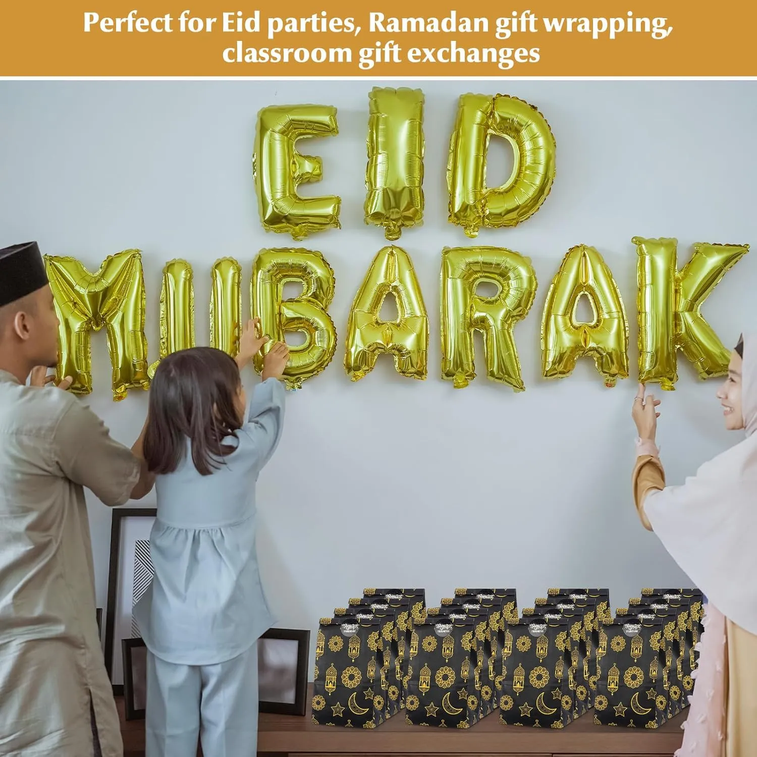 Saypacck 30 Pcs Eid Mubarak Gift Bags with Eid Stickers Ramadan Party Favors Eid Treat Goodie paper Bags for Kids Candies Cookie Snack Bags For Muslim Ramadan Theme Party Eid Event (Black)