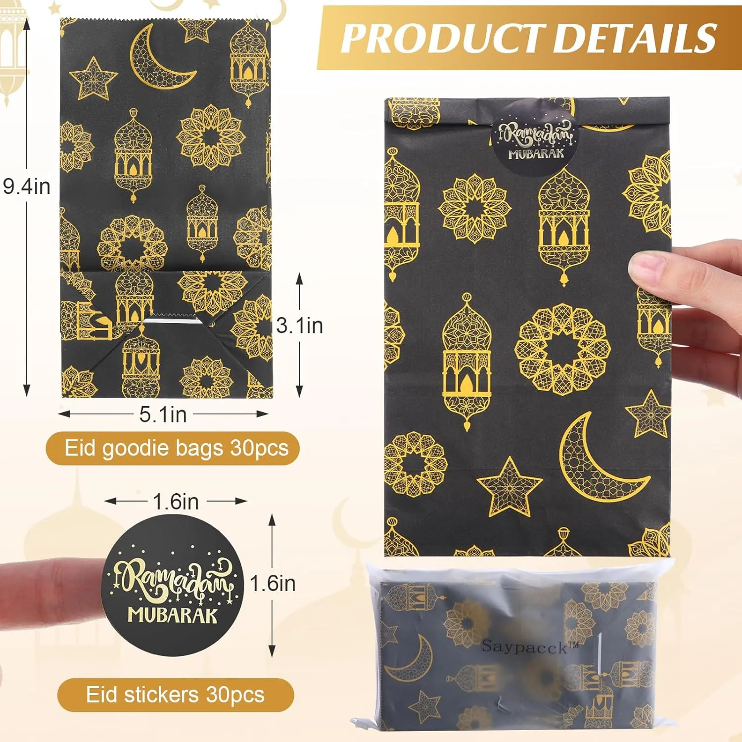 Saypacck 30 Pcs Eid Mubarak Gift Bags with Eid Stickers Ramadan Party Favors Eid Treat Goodie paper Bags for Kids Candies Cookie Snack Bags For Muslim Ramadan Theme Party Eid Event (Black)