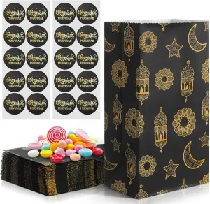 Saypacck 30 Pcs Eid Mubarak Gift Bags with Eid Stickers Ramadan Party Favors Eid Treat Goodie paper Bags for Kids Candies Cookie Snack Bags For Muslim Ramadan Theme Party Eid Event (Black)