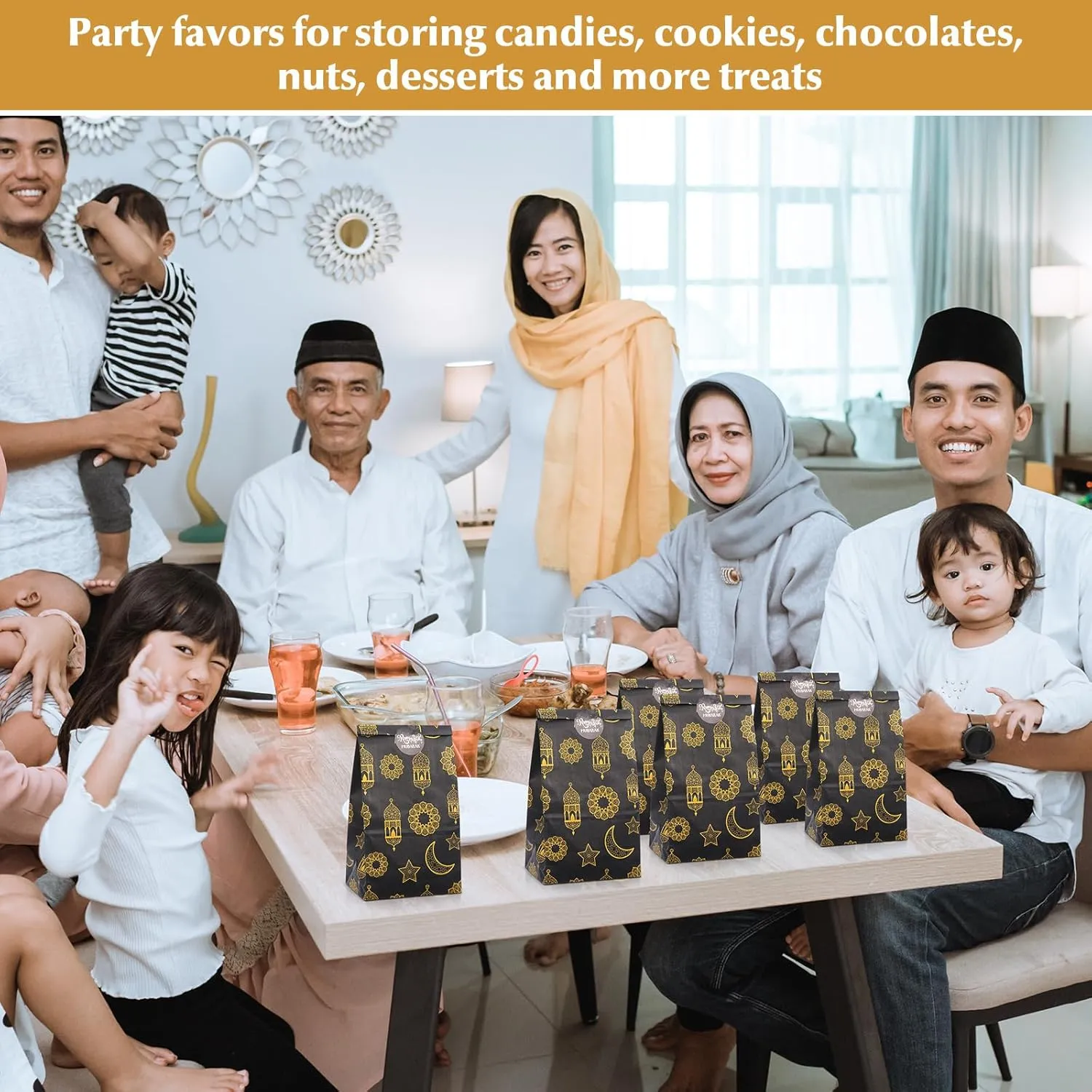 Saypacck 30 Pcs Eid Mubarak Gift Bags with Eid Stickers Ramadan Party Favors Eid Treat Goodie paper Bags for Kids Candies Cookie Snack Bags For Muslim Ramadan Theme Party Eid Event (Black)