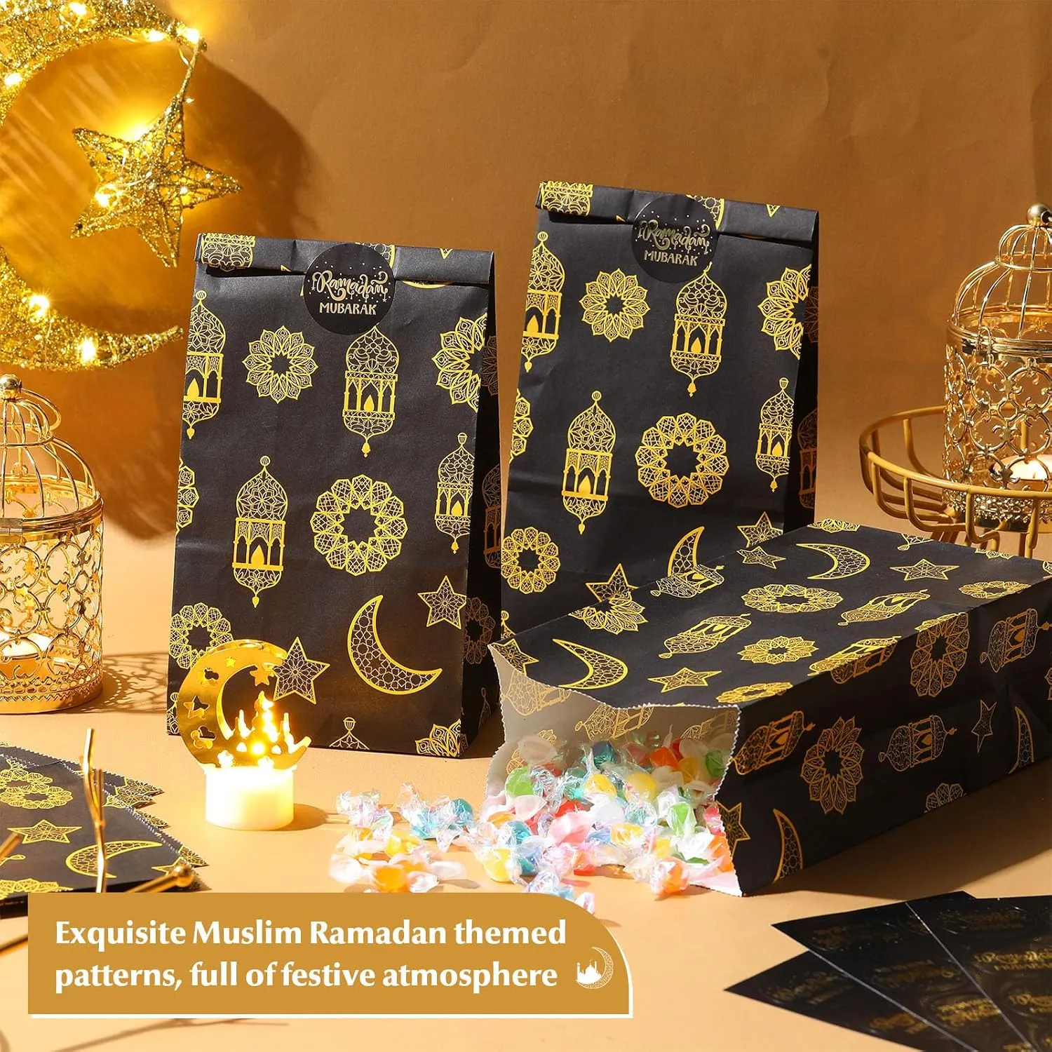 Saypacck 30 Pcs Eid Mubarak Gift Bags with Eid Stickers Ramadan Party Favors Eid Treat Goodie paper Bags for Kids Candies Cookie Snack Bags For Muslim Ramadan Theme Party Eid Event (Black)