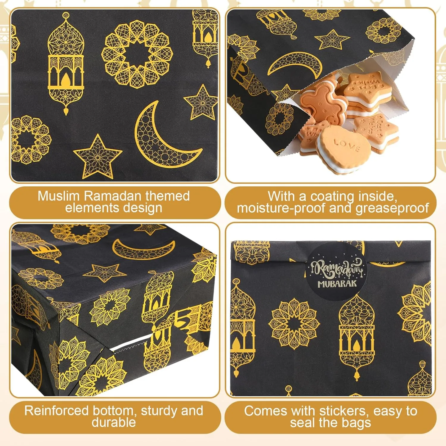 Saypacck 30 Pcs Eid Mubarak Gift Bags with Eid Stickers Ramadan Party Favors Eid Treat Goodie paper Bags for Kids Candies Cookie Snack Bags For Muslim Ramadan Theme Party Eid Event (Black)