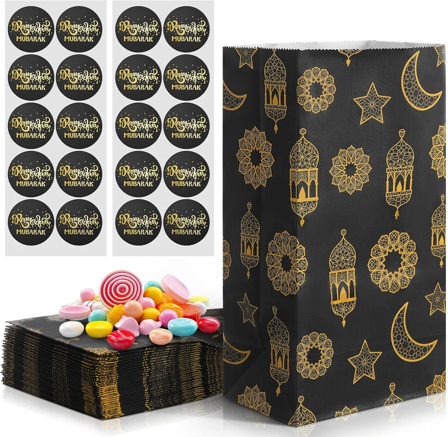 Saypacck 30 Pcs Eid Mubarak Gift Bags with Eid Stickers Ramadan Party Favors Eid Treat Goodie paper Bags for Kids Candies Cookie Snack Bags For Muslim Ramadan Theme Party Eid Event (Black)