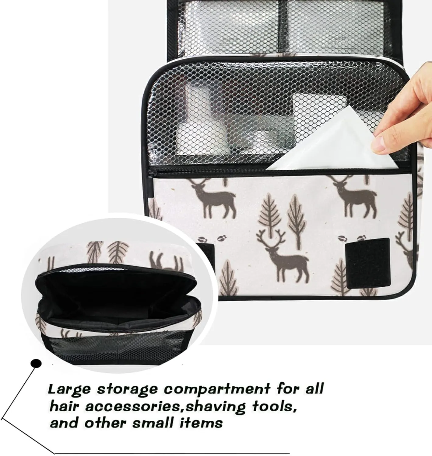 Seamless Winter Rustic Trees and Reindeers Deer Brown Pattern Hanging Wash Gargle Toiletry Bag Travel Cosmetic Makeup Case Organizer Storage Large Portable