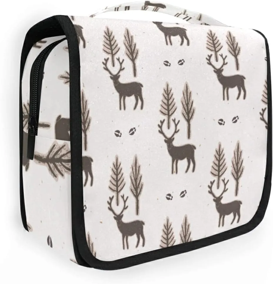 Seamless Winter Rustic Trees and Reindeers Deer Brown Pattern Hanging Wash Gargle Toiletry Bag Travel Cosmetic Makeup Case Organizer Storage Large Portable