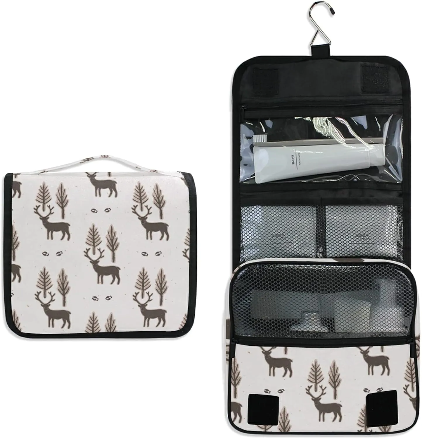 Seamless Winter Rustic Trees and Reindeers Deer Brown Pattern Hanging Wash Gargle Toiletry Bag Travel Cosmetic Makeup Case Organizer Storage Large Portable
