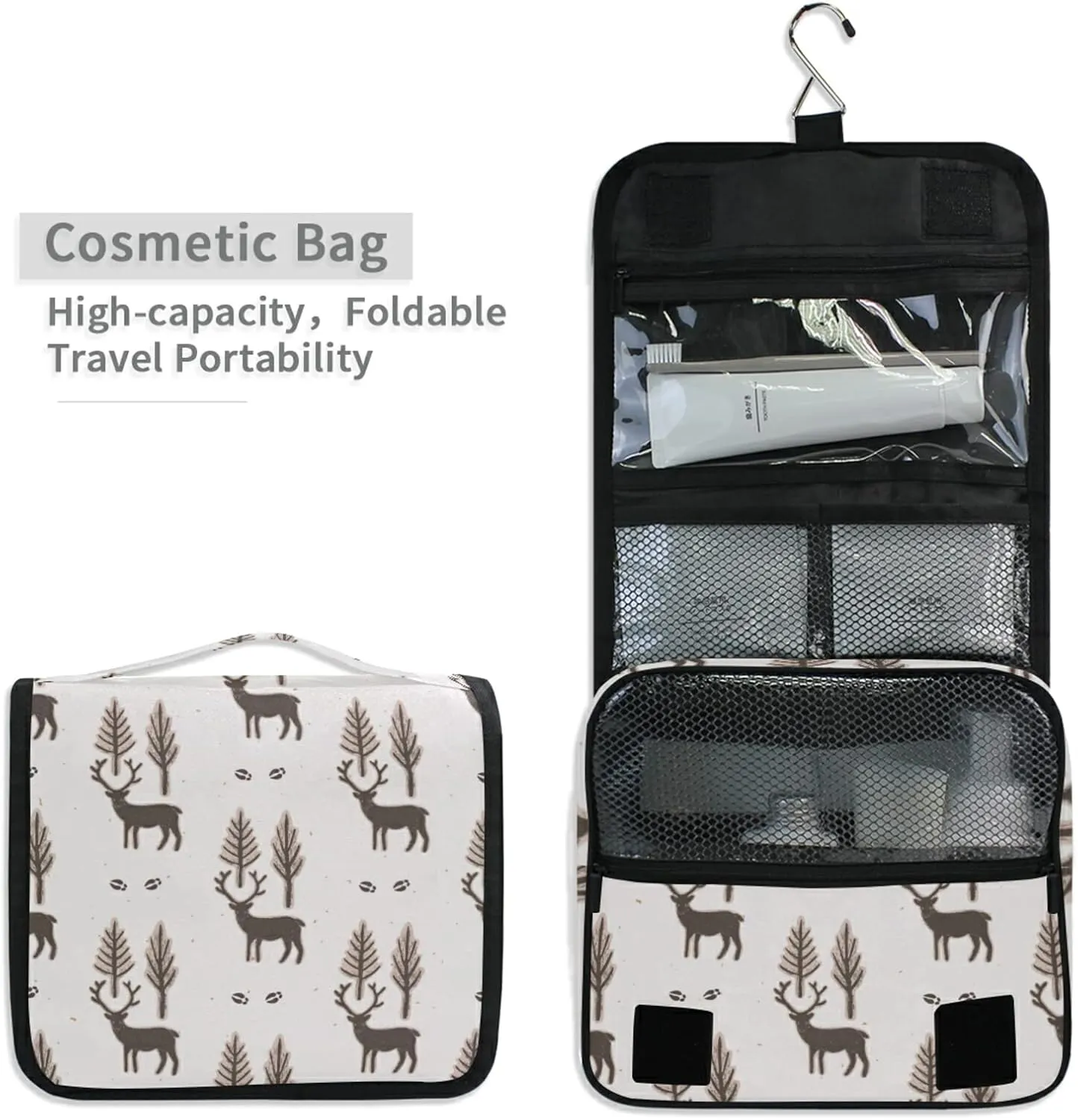 Seamless Winter Rustic Trees and Reindeers Deer Brown Pattern Hanging Wash Gargle Toiletry Bag Travel Cosmetic Makeup Case Organizer Storage Large Portable
