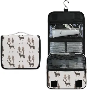 Seamless Winter Rustic Trees and Reindeers Deer Brown Pattern Hanging Wash Gargle Toiletry Bag Travel Cosmetic Makeup Case Organizer Storage Large Portable