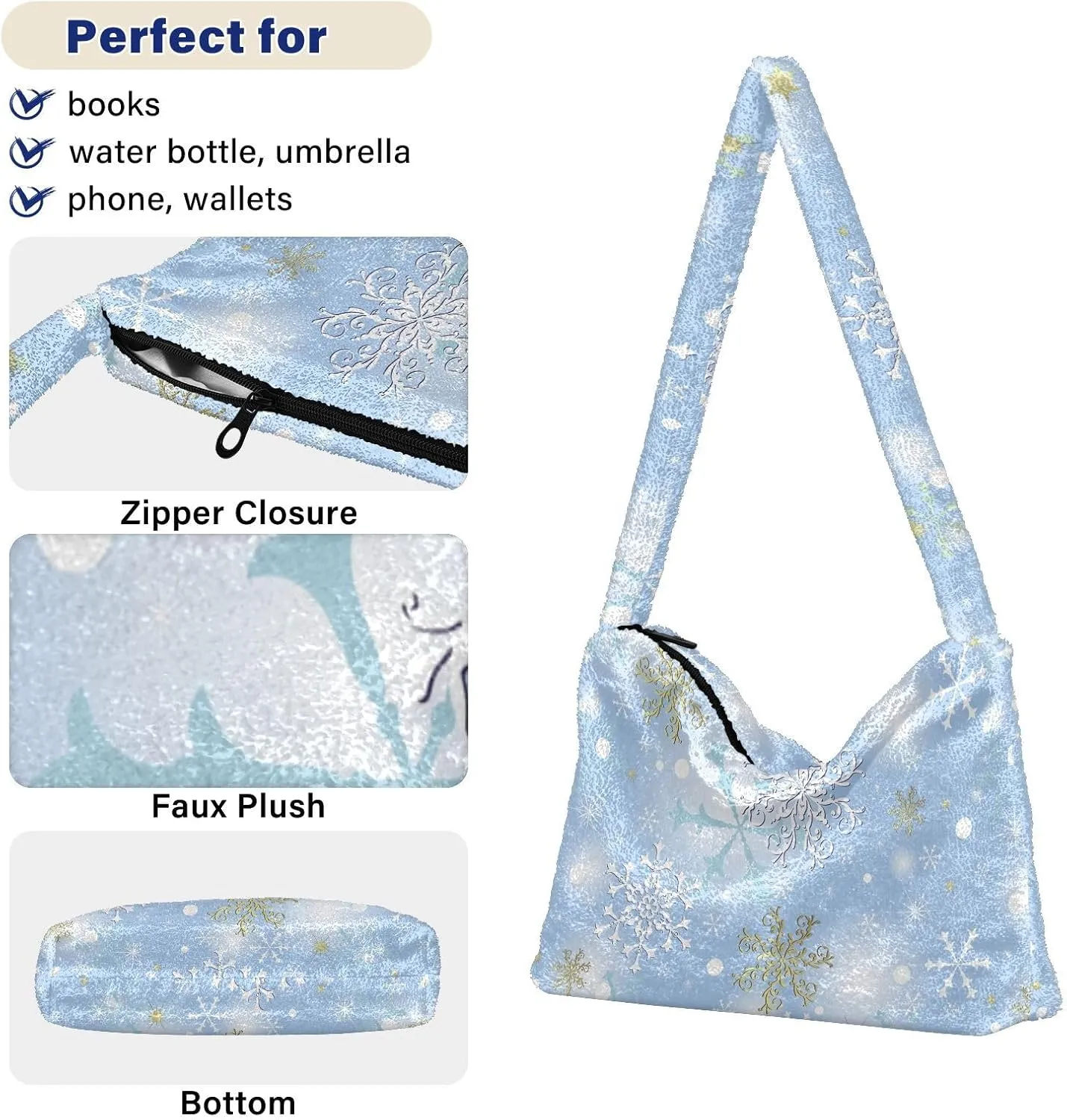 senya Plush Underarm Bag Christmas Snowflakes Fall Winter Tote Bag