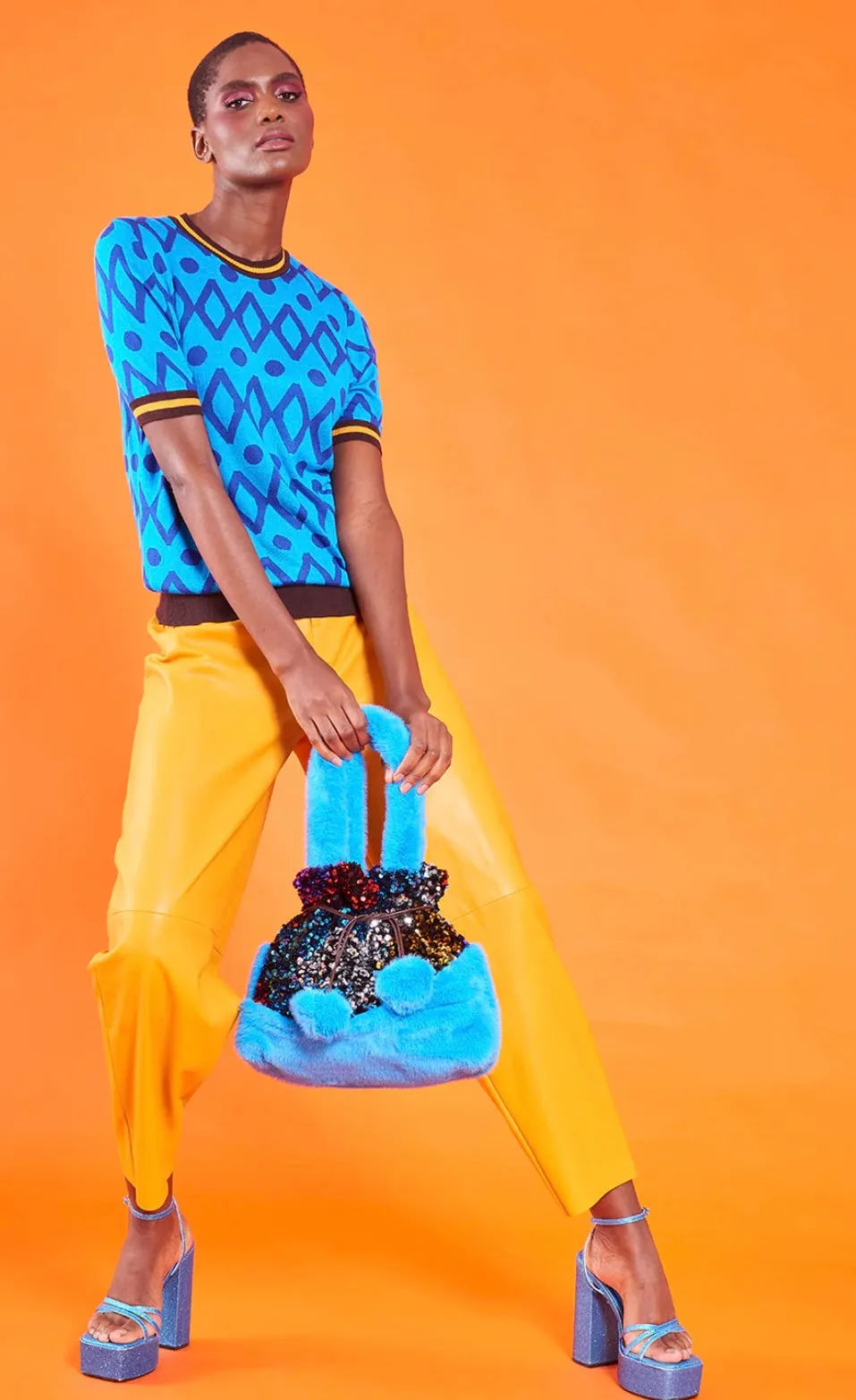Sequin & Faux Fur Pom Pom Bag