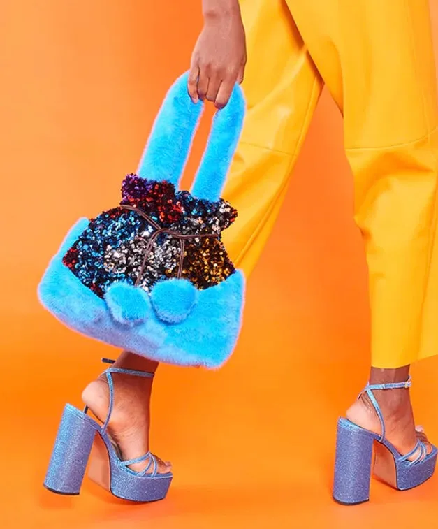 Sequin & Faux Fur Pom Pom Bag