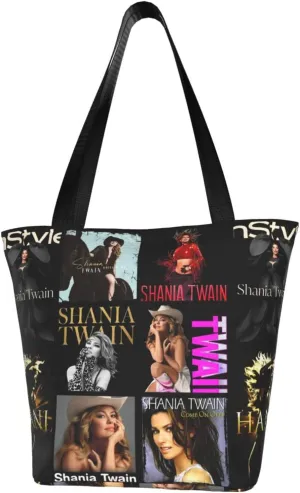 Shania Music Twain Reusable Grocery Bag for Kitchen Shopping Bags Tote Bags with Zipper for Women Beautiful Daily Handbag Storage Shoulder Bag for Sports