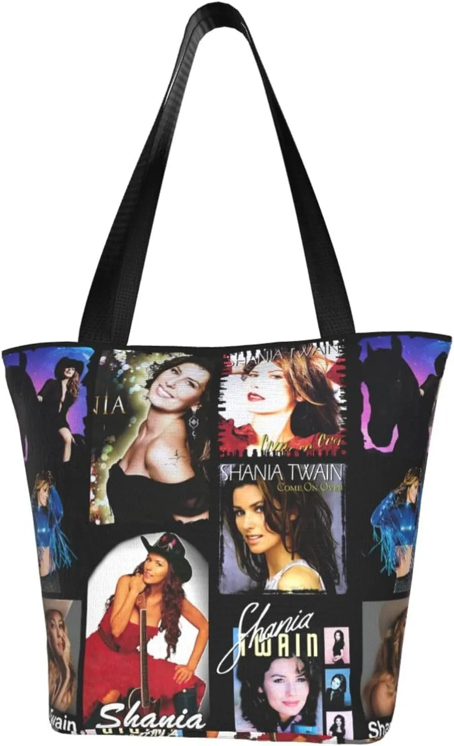 Shania Music Twain Reusable Grocery Bag for Kitchen Shopping Bags Tote Bags with Zipper for Women Convenient Daily Handbag Storage Shoulder Bag for Activity