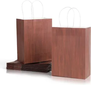 SHIQIKEJIPTY 12 Pack Bulk Gift Bags Party Bag Brown Kraft Paper Bags with Handles 5.9"X 3.1"X 8.3" Wood Grain Party Supplies Candy Bag Paper for Birthday Party Wedding (Brown wood grain)